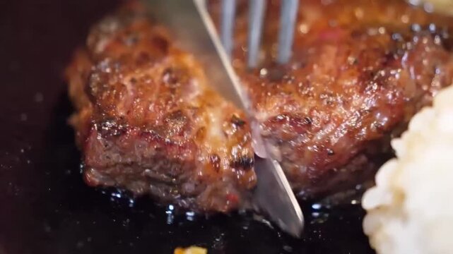 A close-up shot of a juicy, perfectly seared beef steak being cut with a sharp knife and fork. The meat sizzles on a dark wooden or cast iron surface, highlighting the delicious texture and preparatio