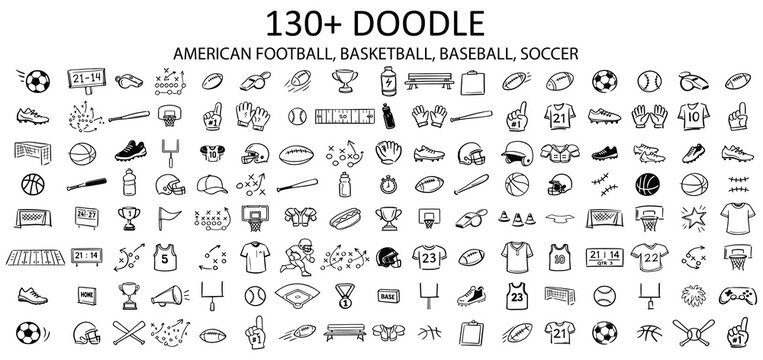 Sports doodle set icons football basketball baseball soccer hand drawn collection