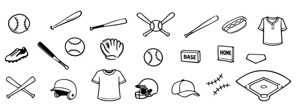 Baseball equipment doodle set with bat glove ball and field elements