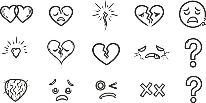 Collection of sketch emoticons with heartbreak, sadness and questioning symbols.
