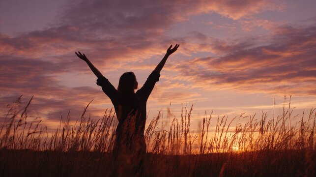 Spiritual and uplifting silhouette of a woman in a sunlit meadow during fall colors