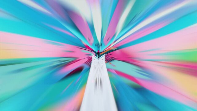 Artistic rendition of rapid forward movement through a brightly colored tunnel. Abstract light effects creating a sense of speed and energy. Looped footage.