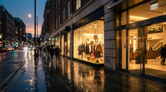 Wet street at dusk captures sharp retail window displays and commercial office entryways with outoffocus reflections and raindrops enhancing urban ambiance.