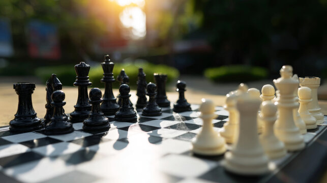 Chess board with black and white pieces arranged for game start outdoors, strategic challenge, planning concept