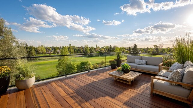Panoramic view of a modern outdoor patio deck on a sunny day with glass railing and minimalist furniture