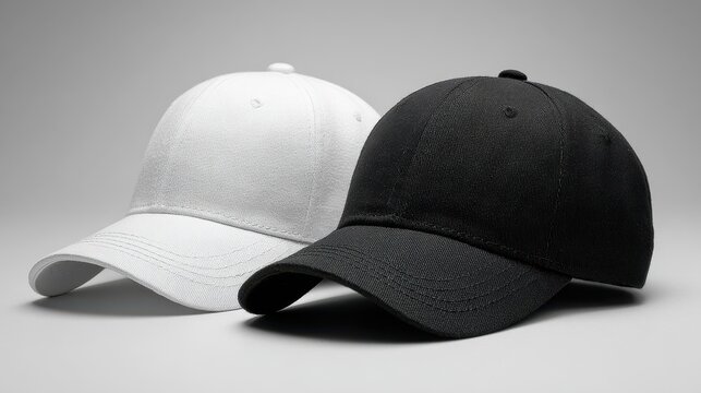Product photo: front-facing display of white and black baseball caps on grey studio backdrop