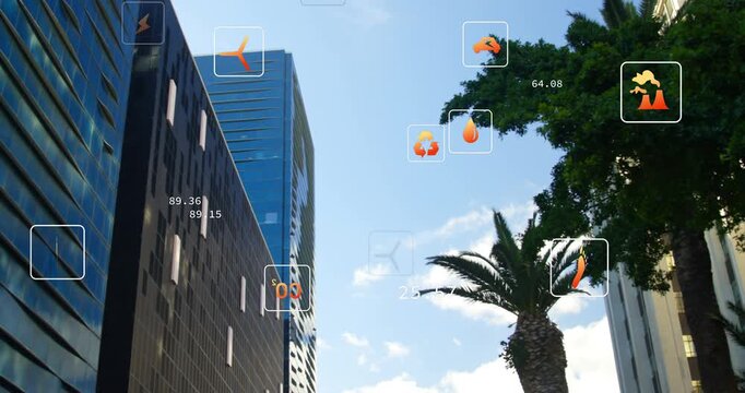 Left-edge scan spawning AR icons popping, clustering, shifting, fading to label building and palm