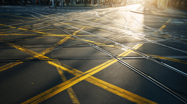 Urban intersection displaying complex tram tracks and yellow guiding lines on asphalt, representing choices and directions