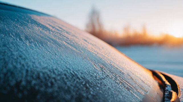 Frosted car windshield covered with sparkling ice crystals under a soft morning sun, capturing the cold outdoor winter season