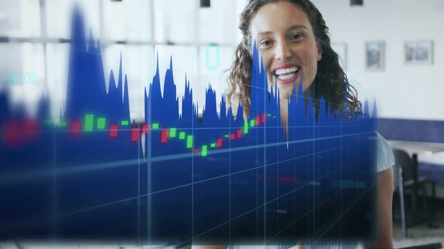 Woman holding tablet transparent market chart shifting revealing smile reacting to green candles