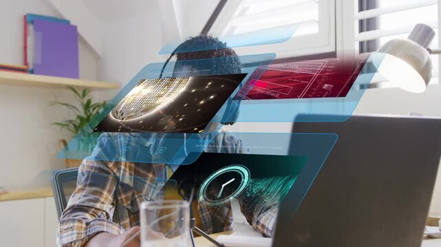 Student podcaster reaching for desk controls and selecting sliding HUD panels for streaming