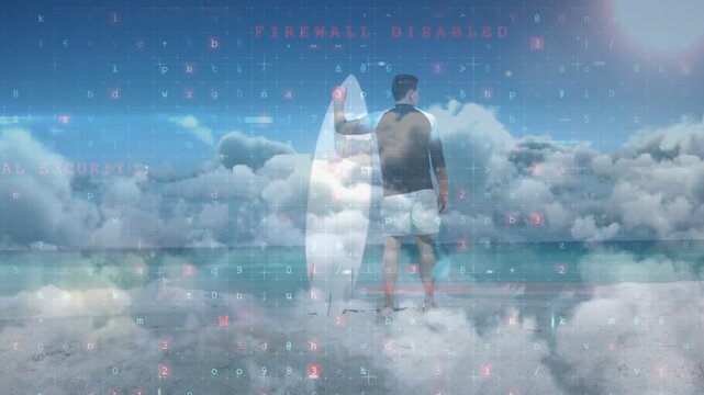 Male surfer standing at shore with board overlay fading in casting security alerts flagging threats
