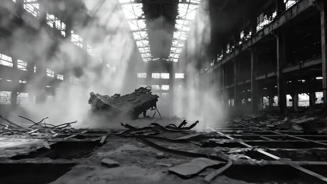 Dramatic wide shot of a destroyed industrial building interior with rubble and smoke illuminated by sunlight