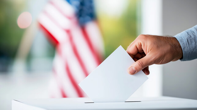 Hand casting ballot into voting box, blur American flag, representing election, democracy, and civic participation
