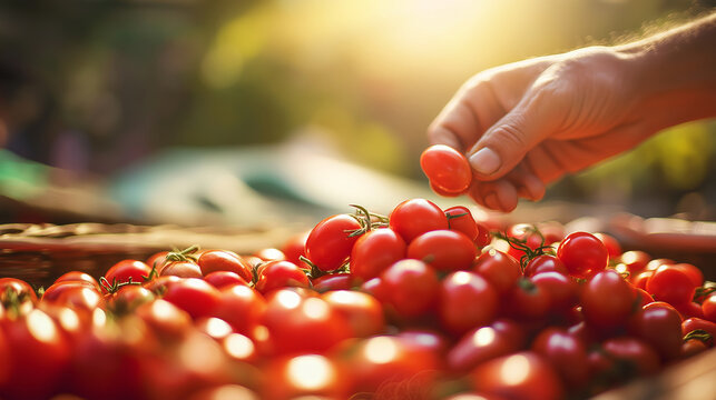 Hand picking fresh cherry tomatoes from a market pile, vibrant red colors displaying healthy organic harvest