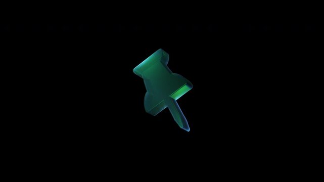 Holographic green pushpin rotating on black background