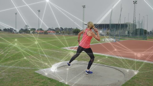 Track athlete adjusting grip, pivoting and releasing shot, practicing form with network overlay