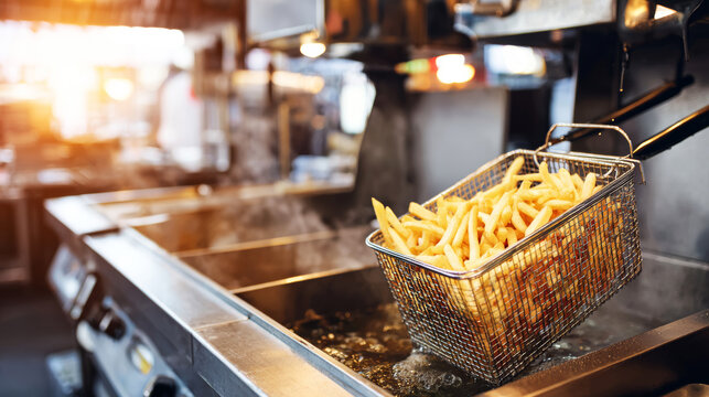 French fries cooking in a hot oil deep fryer basket during fast food preparation in a commercial kitchen