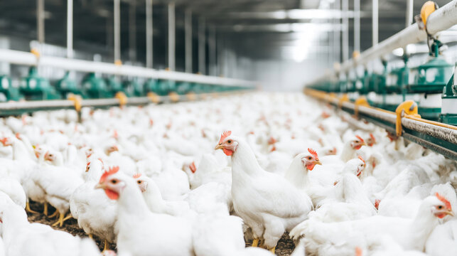 Numerous white chickens inhabiting a large poultry farm with automated feeding systems for commercial broiler production