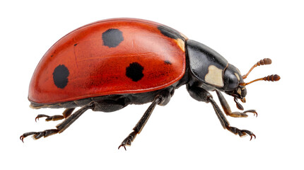 Close-up profile view of a bright red ladybug with black spots, showcasing its detailed exoskeleton and antennae against a clean white background © Graphic Studio