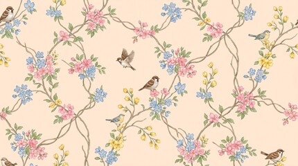 Fototapeta premium Colorful floral pattern with birds on branches and flowers