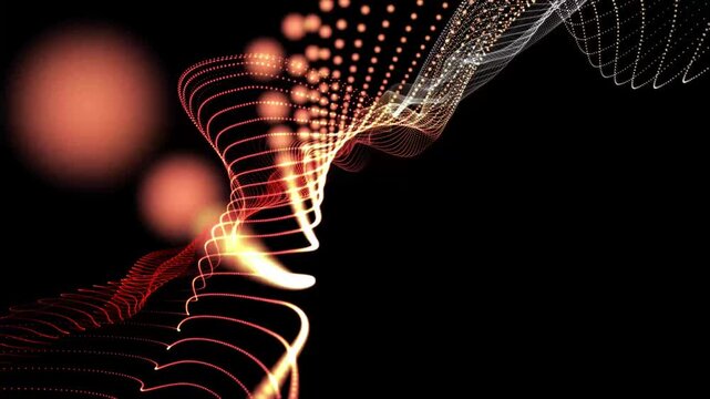 digital dot wave animation, Dynamic digital wave flow on black background, gently waving on depth of field blur and seamless loop for relaxation and soothing, Dot pattern with halftone effect, video