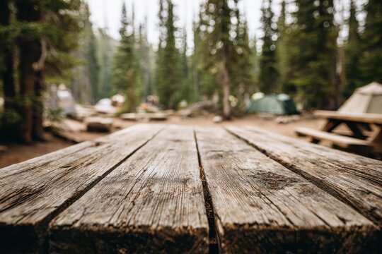 Rustic campground setting with broad empty surface and serene woodland background