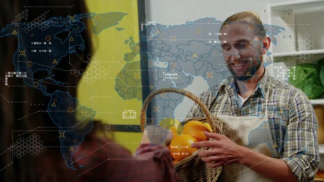 Grocery vendor holding oranges customer reaching and selecting fruit with world map data overlaying