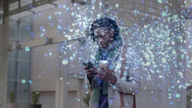 mid-adult commuter tapping smartphone reading messages, sparking tech particle field obscuring face