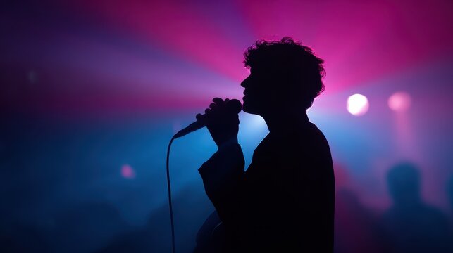 Stage silhouette of a vocalist in motion, gripping a microphone under vibrant lighting