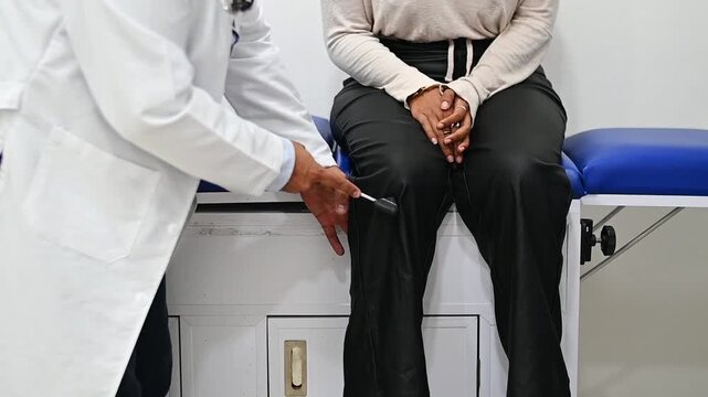 1080p 60fps horizontal video of a doctor checking a patient's reflexes with his percussion hammer, both of Latin origin
