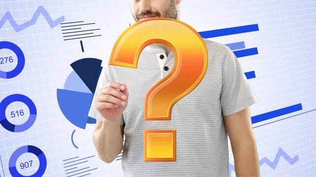 Host raising hands and manipulating charts while 3D question mark growing explaining business data