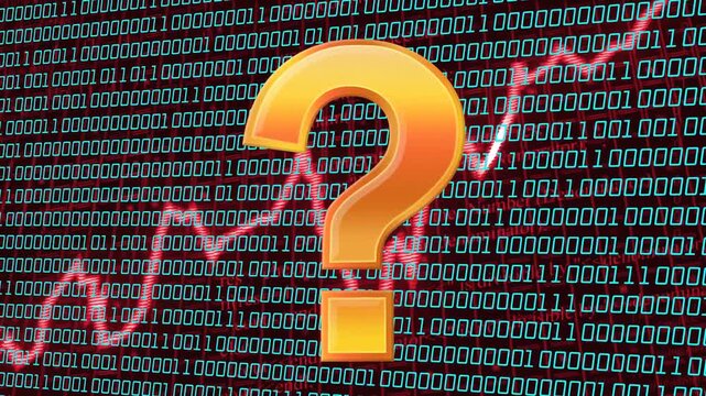 3D golden question mark zooming center over data grid with pulsing red wave, flagging uncertainty