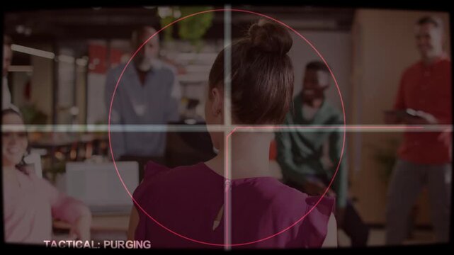 Woman raising hand toward device in business, HUD crosshair locking onto head, executing purge