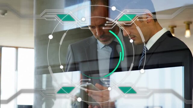 Older man scrolling phone, peer leaning glass, rotating HUD adding lines, locking arc for business