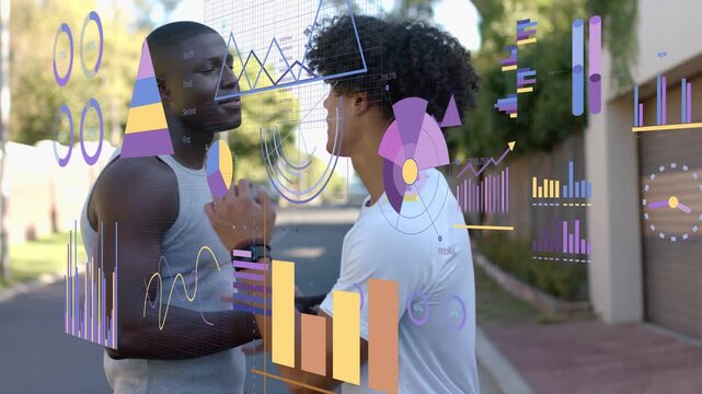 Two men greeting on street handshake starting firm grip and shoulder pulling data charts overlaying