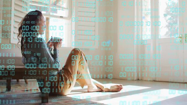 Woman sitting raising mug reflecting at door as tech binary overlay drifting on her light patch