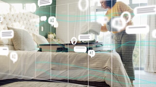 Entering room woman lifting blue bag onto case arranging items while AR overlays growing for trip