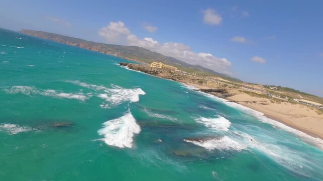 Aerial drone shot.View of famous beach in the summer, Crete, Greece. Famous beach with river and palm trees in Libyan sea. Tropical island, Panoramic view, Most beautiful beaches of Crete island