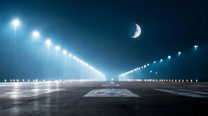 Obraz premium Airport runway lights illuminating a guiding path disappearing into the distance under a crescent moon at night