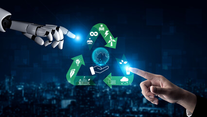 Fototapeta premium Futuristic Concept of Sustainability with Human and Robot Hands Signaling Renewable Energy and Recycling Symbols Against Urban Night Background Quark.