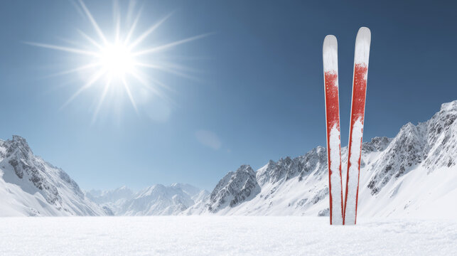 Red skis standing upright in pristine snow with a bright sunburst over towering mountain peaks under clear blue sky