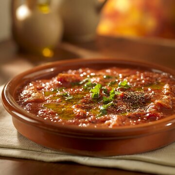 Traditional pappa al pomodoro soup in a rustic terracotta bowl
