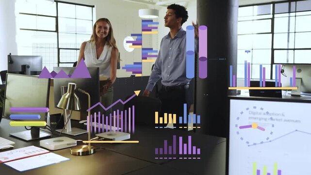 Woman carrying box entering office, unpacking while team greeting and data charts overlaying desks