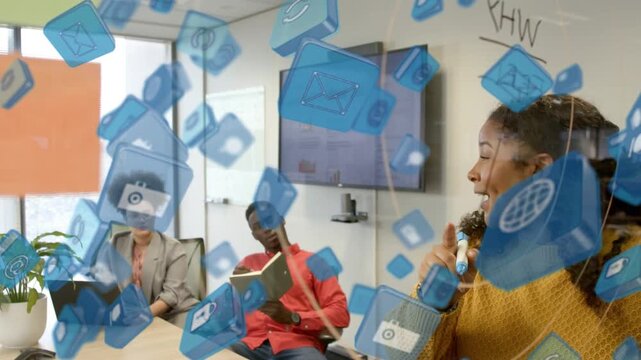 Woman reacting to blue apps appearing tapping icons using remote demoing business to noting peers