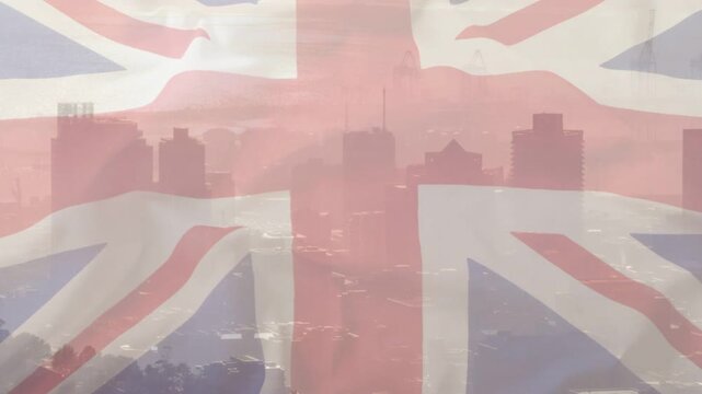 Breeze initiating translucent Union Jack flag shifting and fading, revealing skyline and river