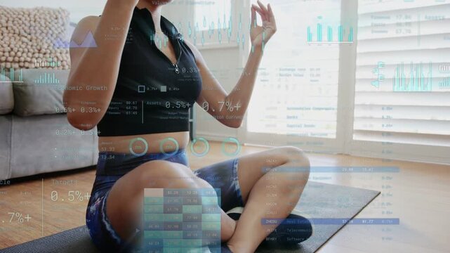 Woman adjusting zipper, touching neck, settling into meditation for wellness with charts overlaying