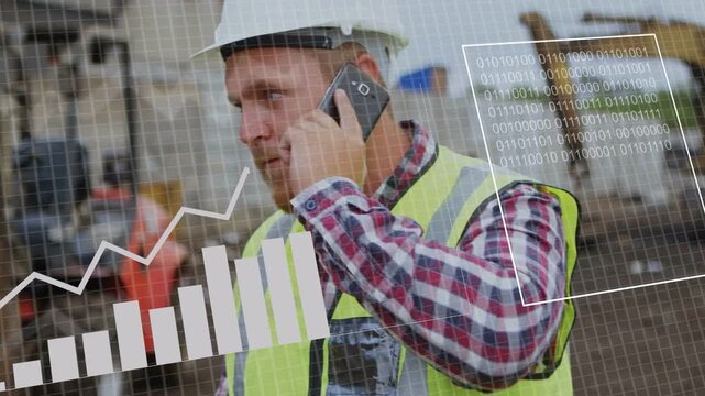 Construction lead holding phone to ear, receiving live feed, monitoring site while charts growing