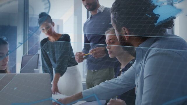 Team around laptop pointing, sparking document review for business decisions blue grid over laptop