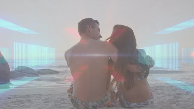 Couple sitting dusk man wrapping arm around woman in love overlay sweeping couple evoking travel